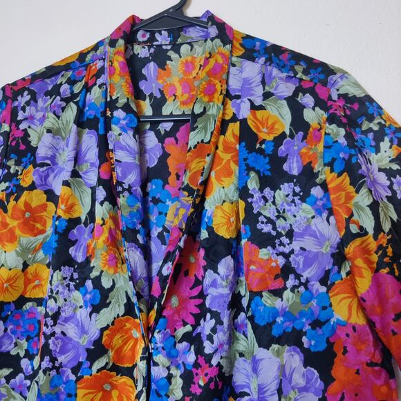 Vintage Vibrant Colorful Floral Satin Button From Short Sleeve Camp Shirt L/XL - Picture 3 of 8